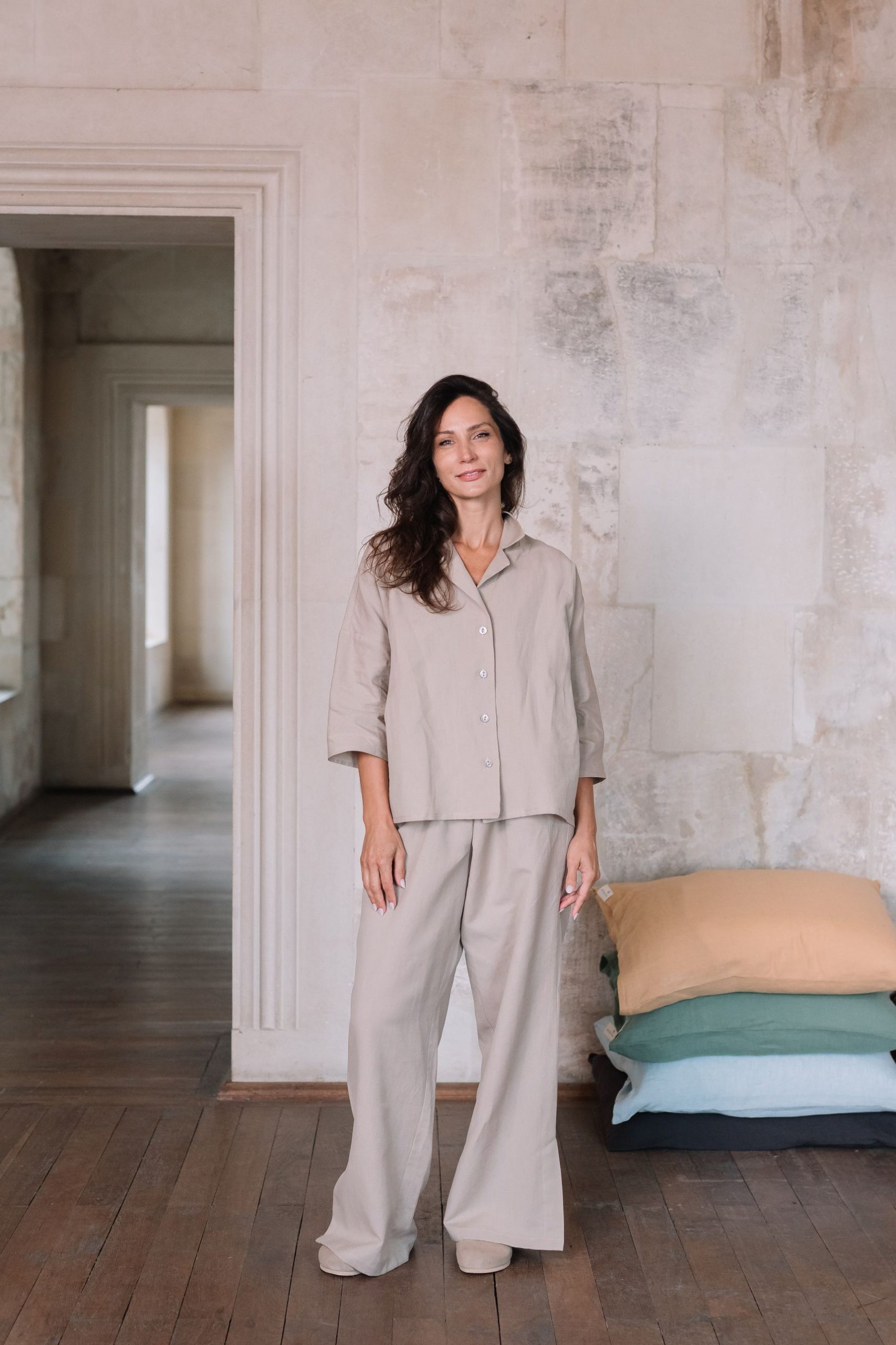 Pyjamassæt i hør og bomuld til kvinder Earth Beige