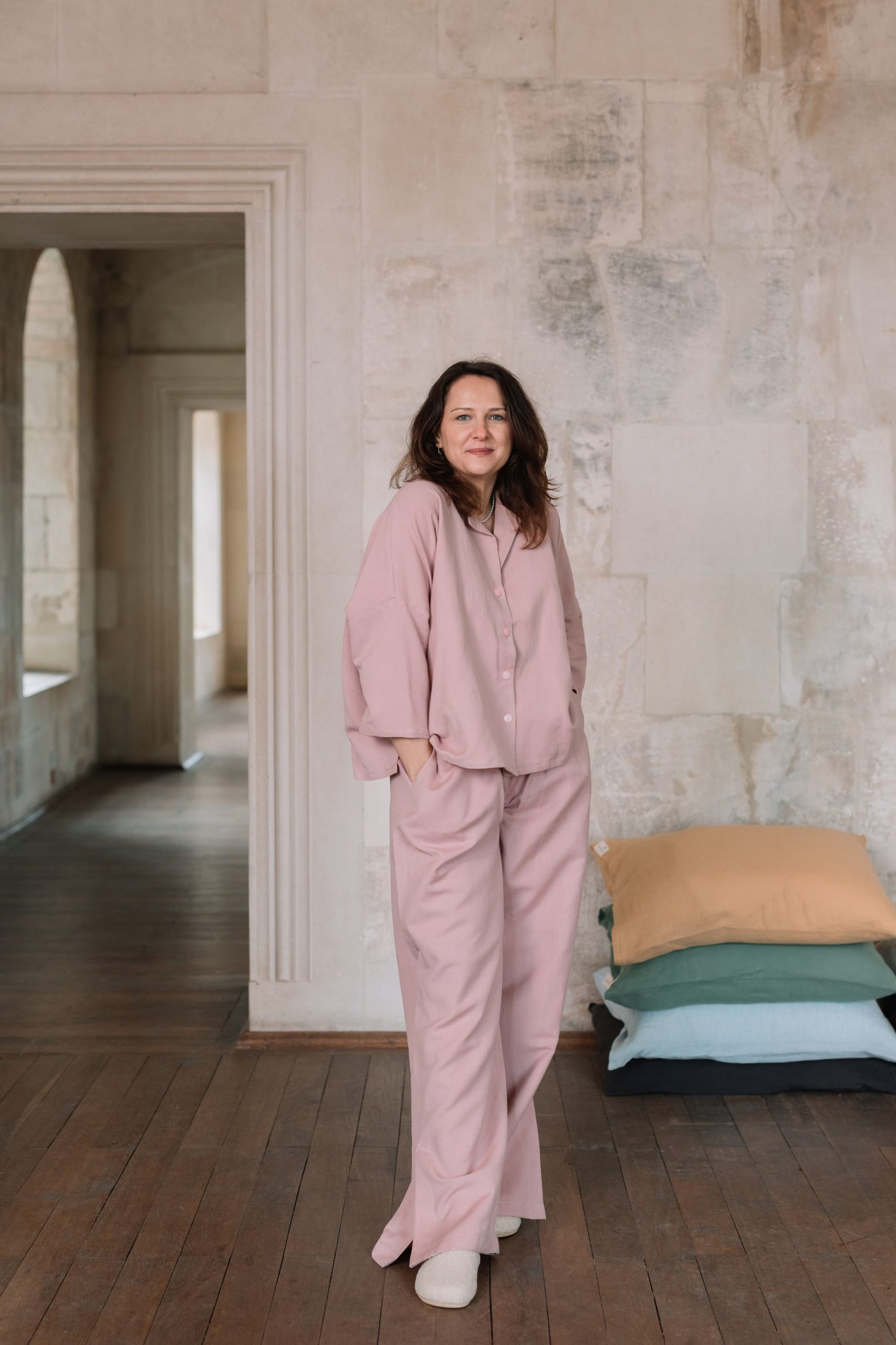 Pyjamassæt i hør og bomuld til kvinder Fire Pink