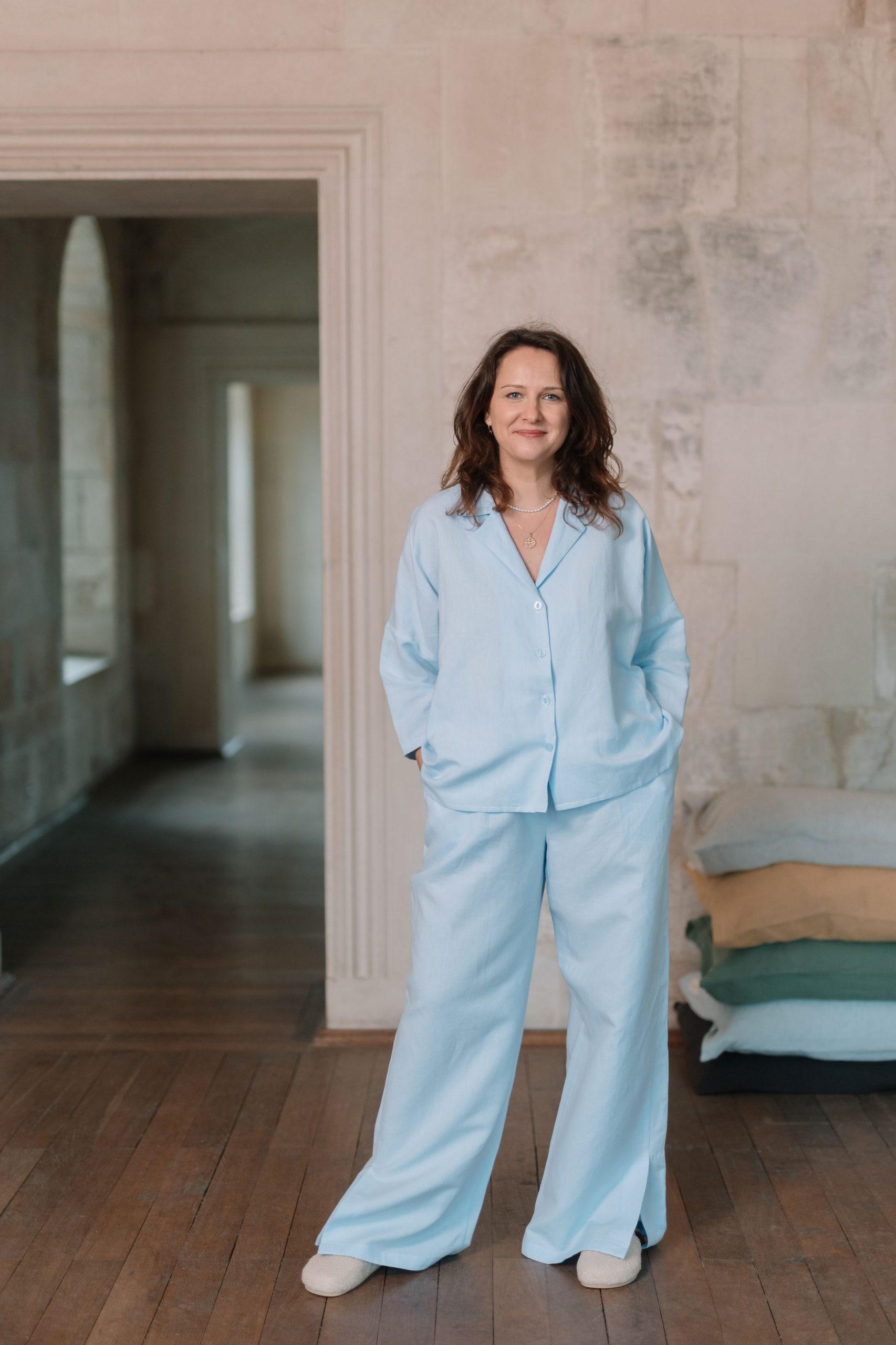 Pyjamassæt til kvinder i hør og bomuld Water Blue