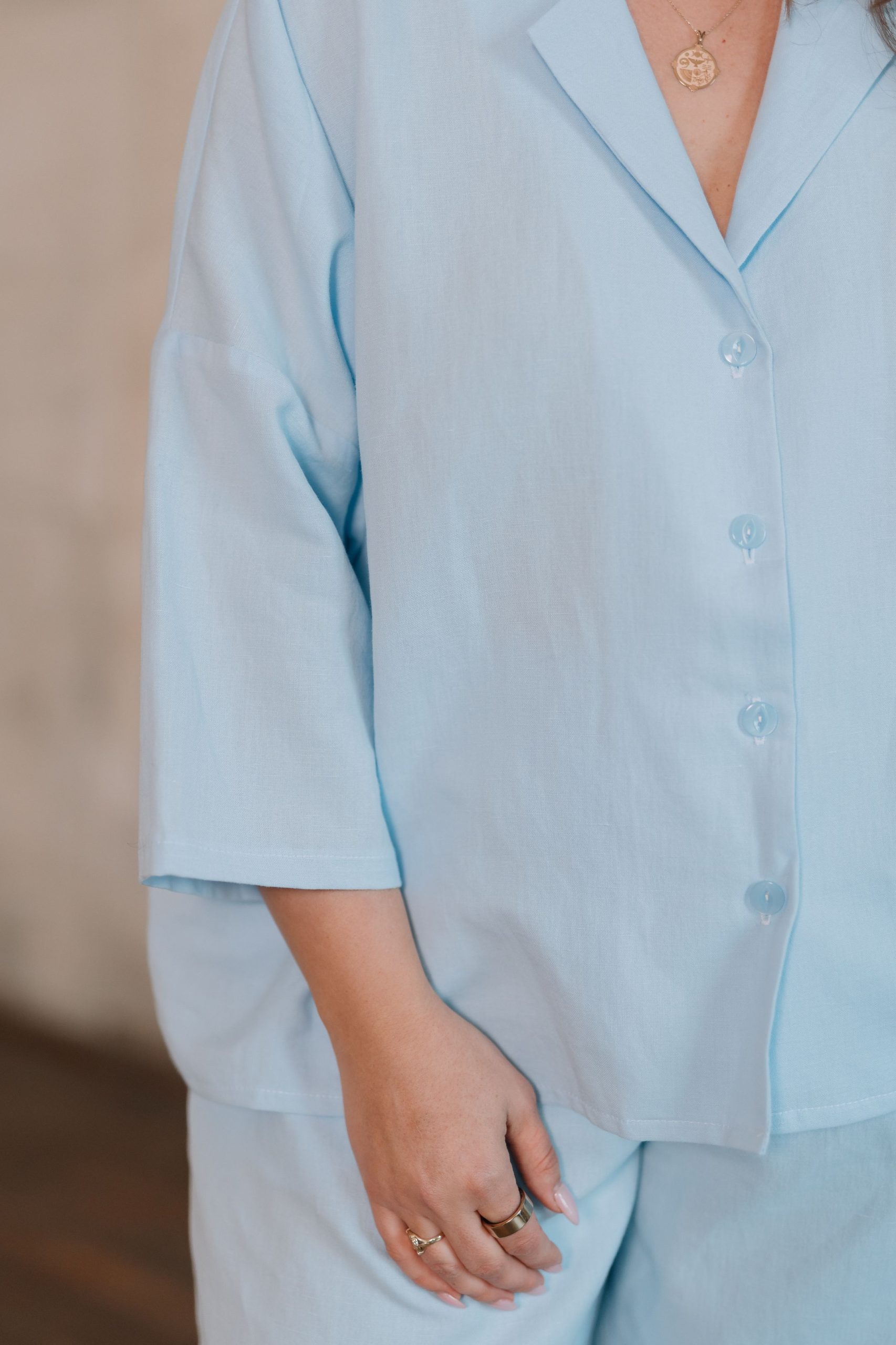 Pyjamasbluse i hør og bomuld til kvinder Vandblå